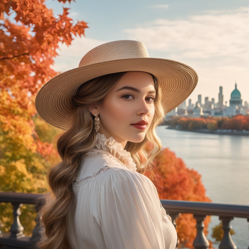 Young Woman in Vintage Blouse by Autumn River Scene