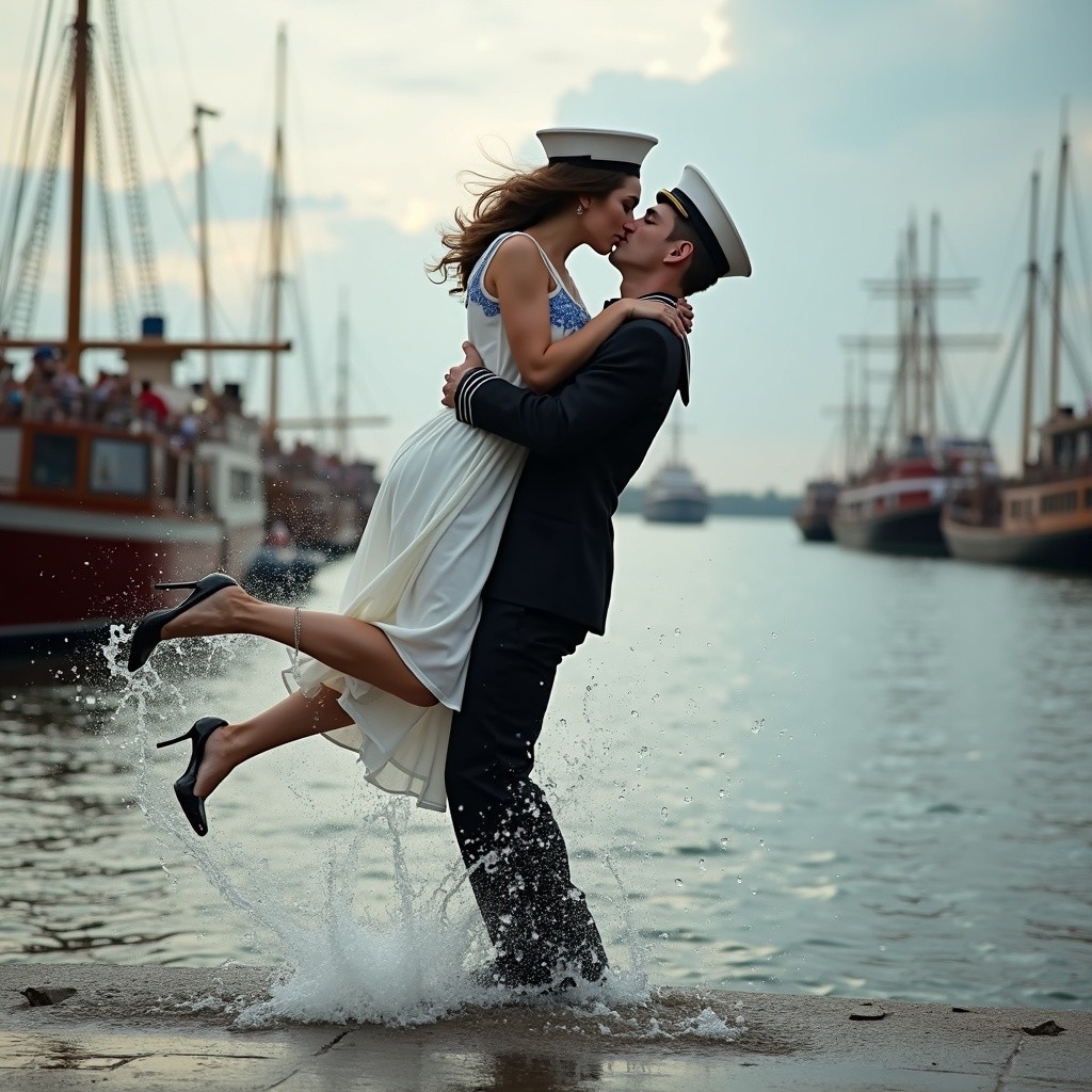 Couple Kissing at Waterfront with Vintage Ships