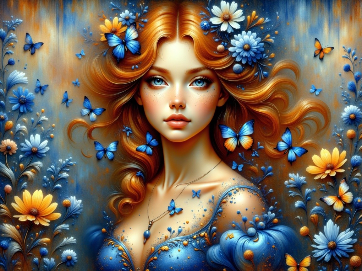 Portrait of a woman with red hair and blue butterflies