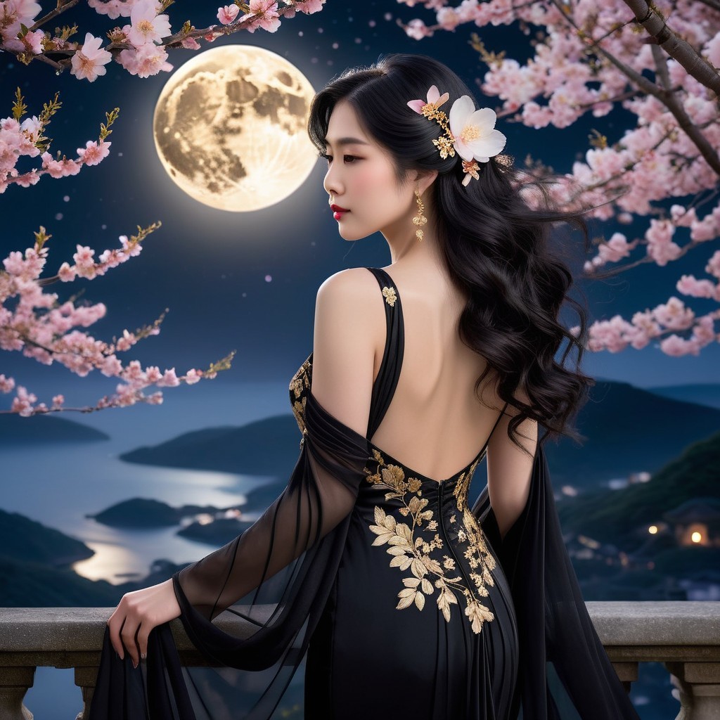 Elegant Woman in Black Gown by Luminous Lake