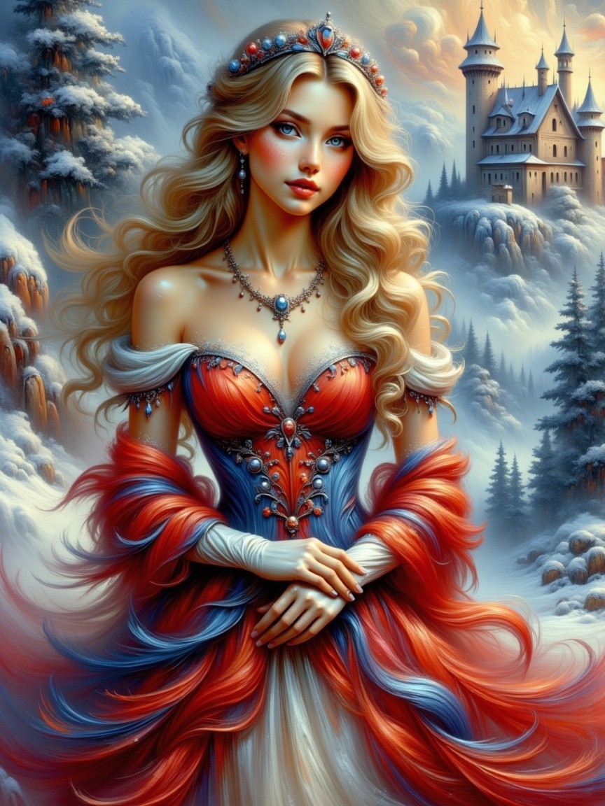 Elegant Woman in Jewel-Adorned Gown by Castle