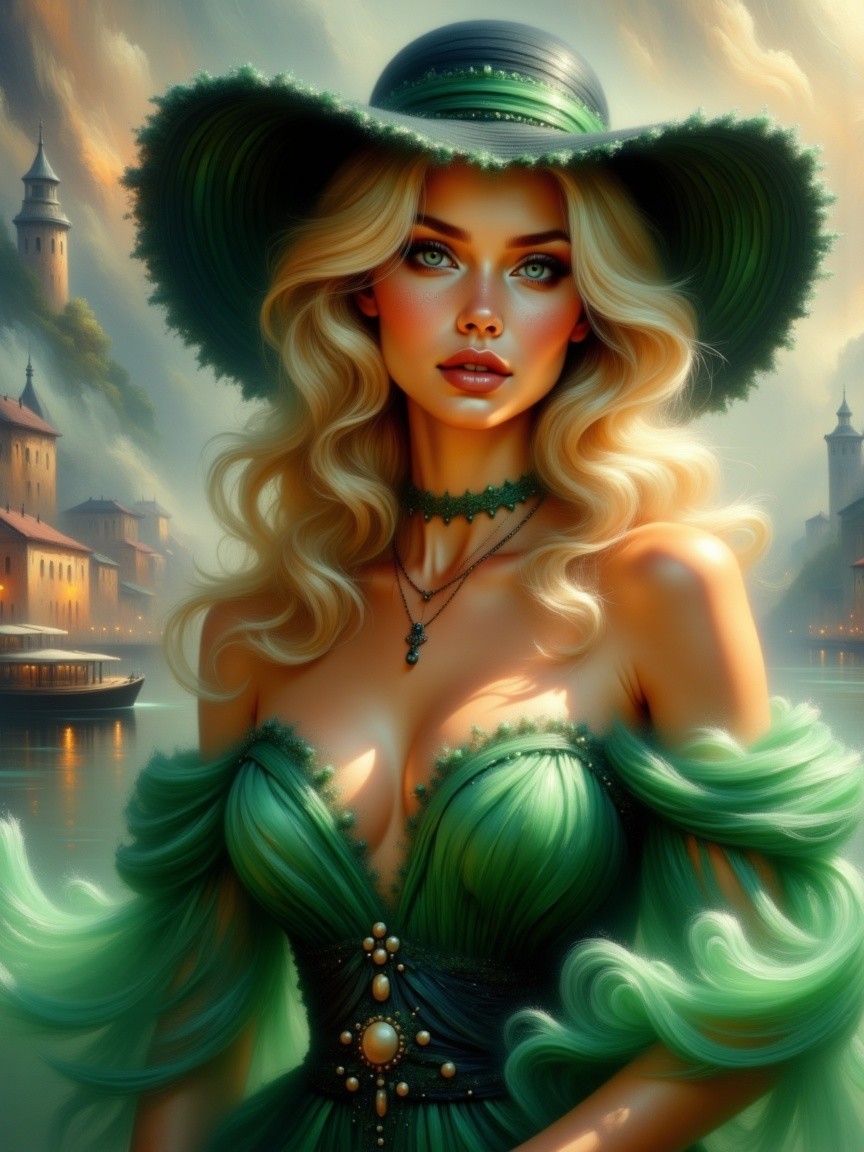 Woman in Green Dress by Serene Landscape