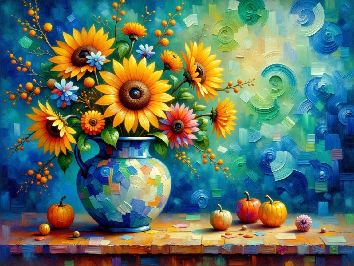 Vibrant Still Life with Sunflowers and Seasonal Decor