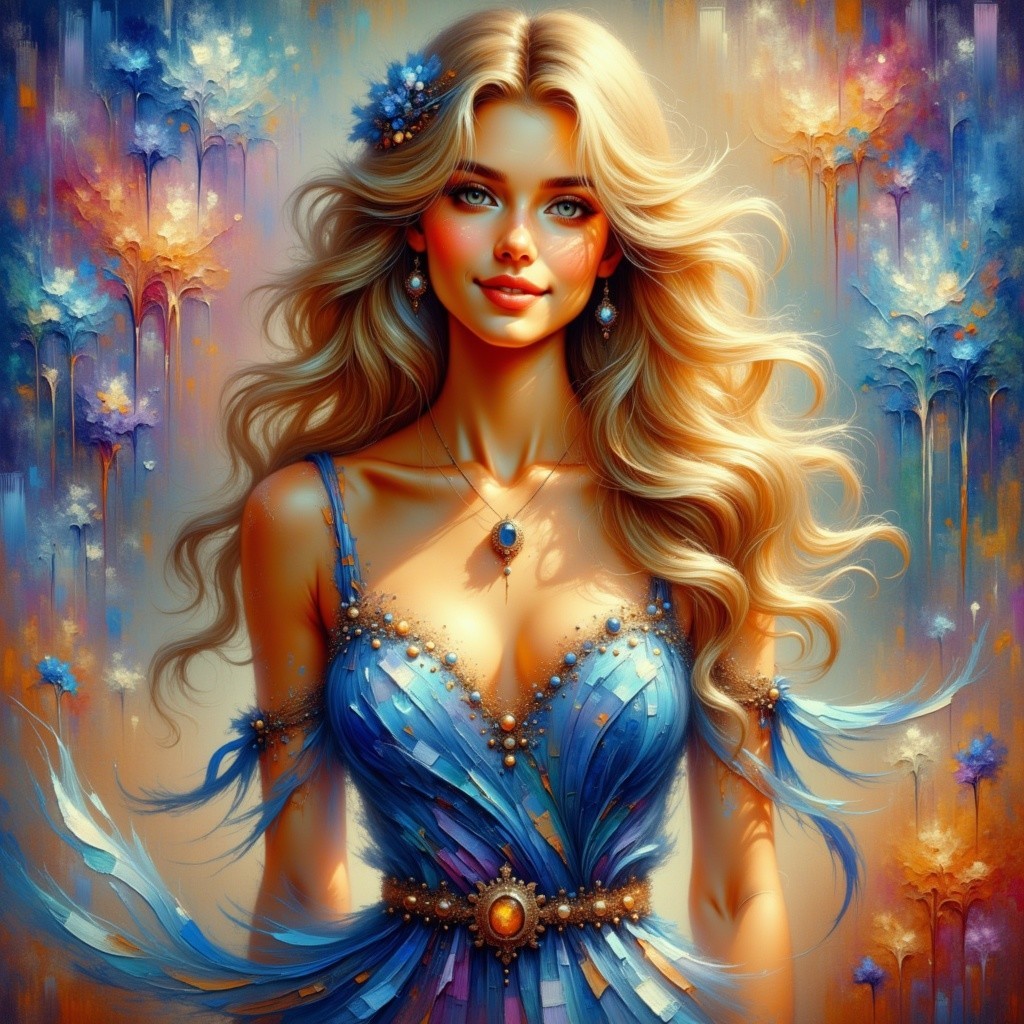 Portrait of a Young Woman in Blue Dress with Flowers