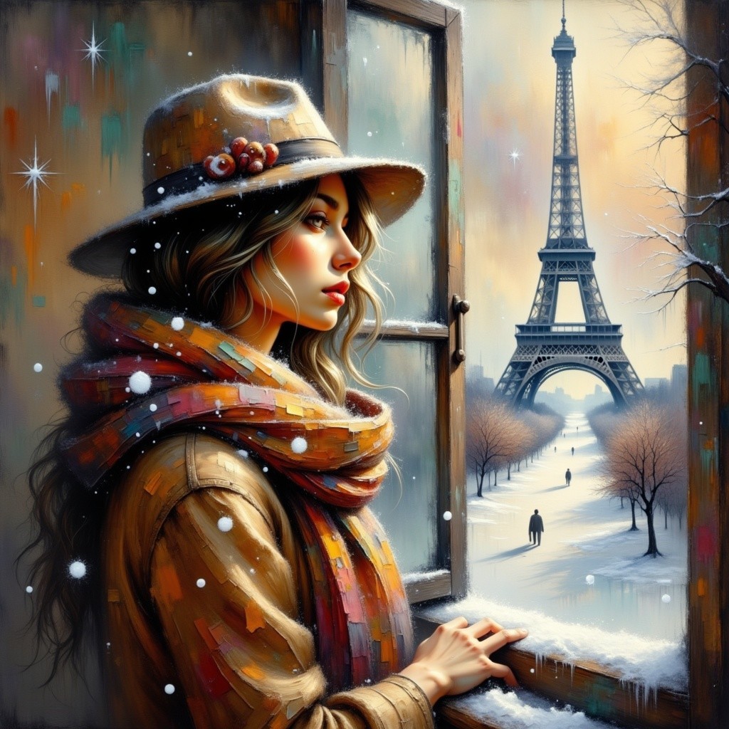 Young woman by window with Eiffel Tower view