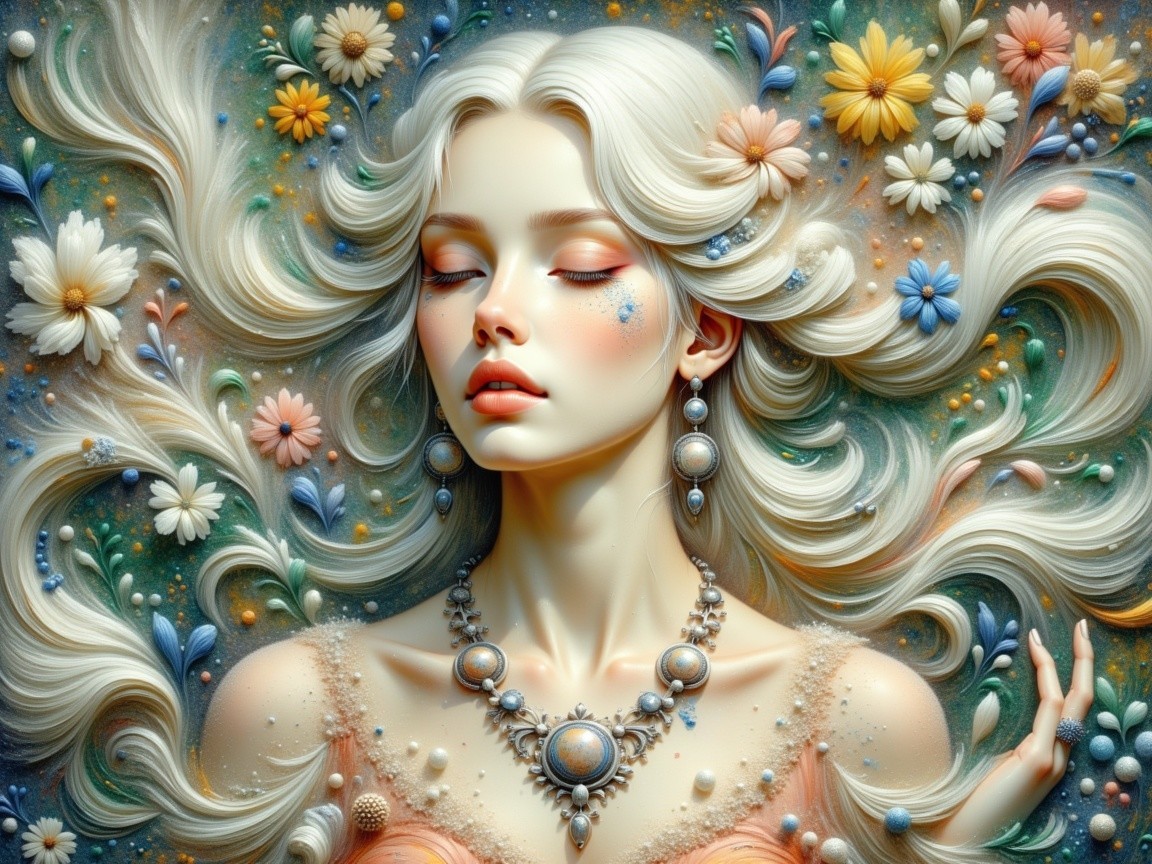 Serene Woman with White Hair and Floral Adornments