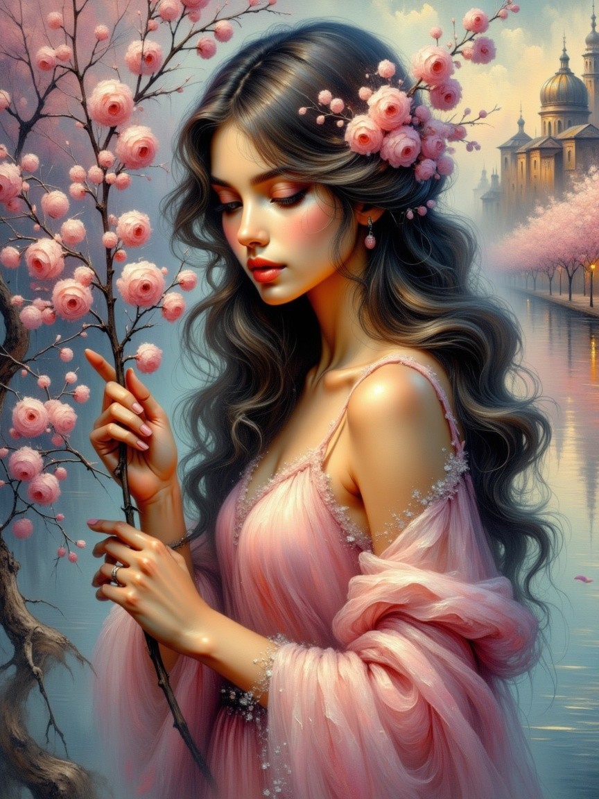 Young Woman by River in Ethereal Spring Landscape