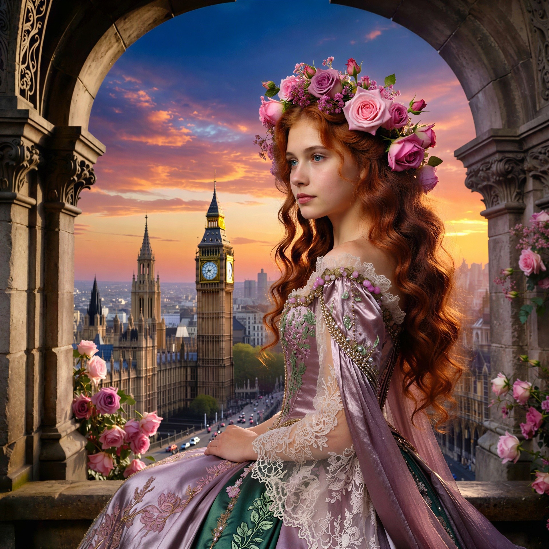 Young woman in lavender dress with city skyline at sunset