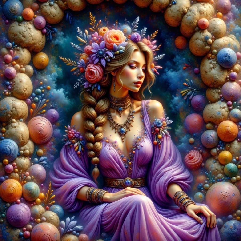 Serene Woman in Vibrant Whimsical Setting with Jewelry