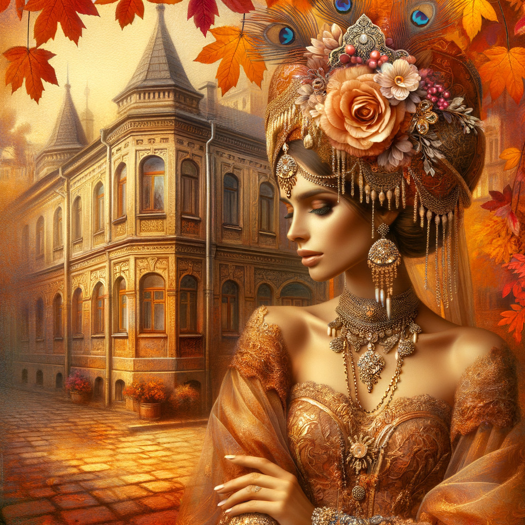 Majestic Figure in Golden Attire Amid Autumn Leaves
