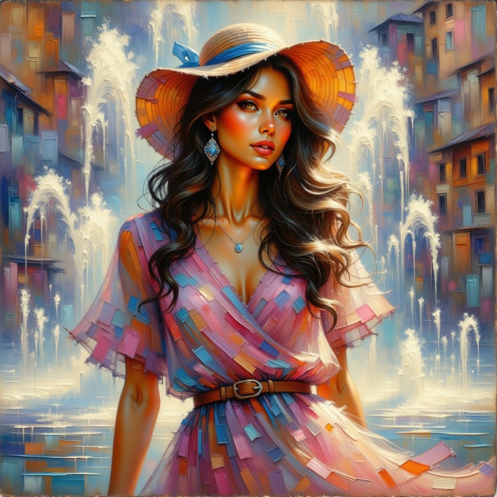 Woman in Colorful Setting with Elegant Dress and Hat