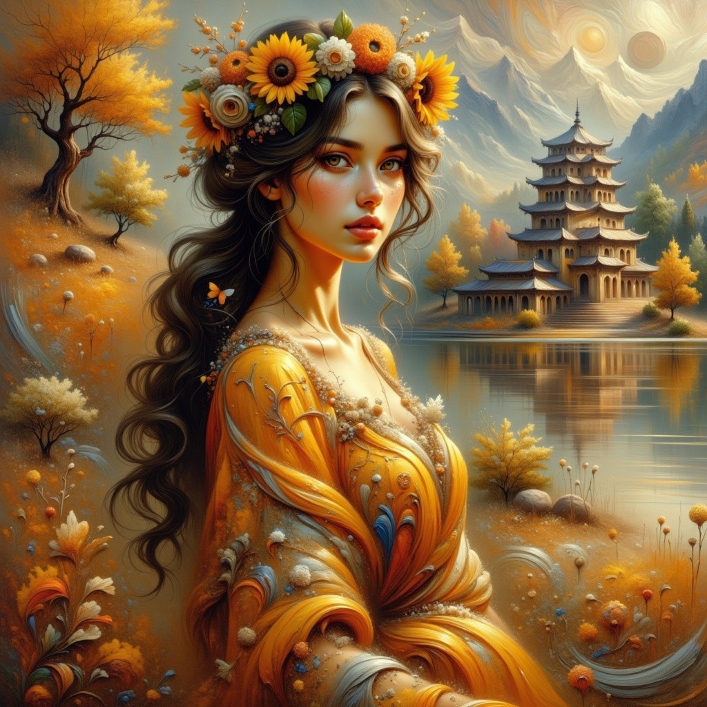 Young Woman in Floral Crown by Tranquil Lake