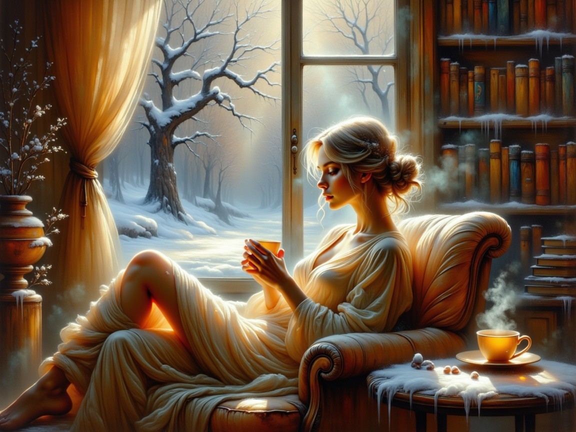 Woman in Cream Dress Seated in Winter Landscape