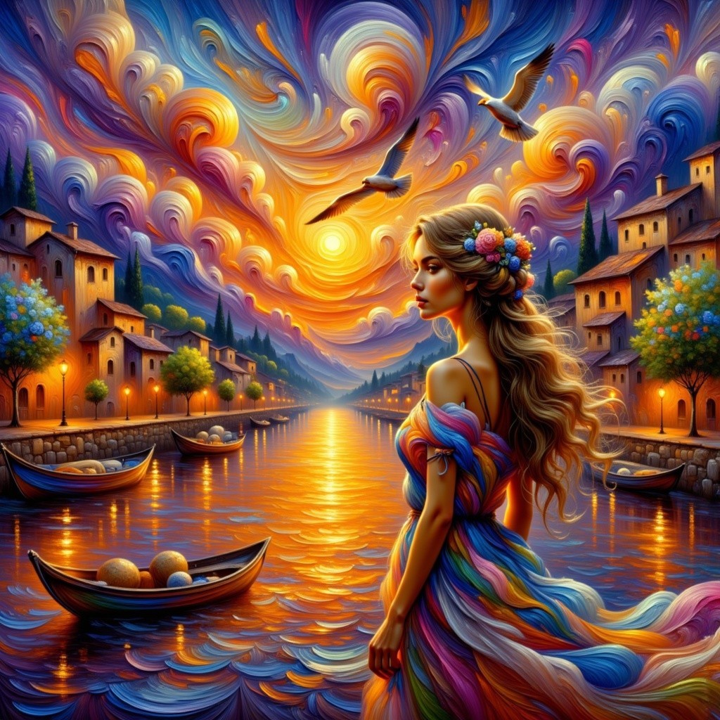 Sunset Sky Over River with Woman and Colorful Boats