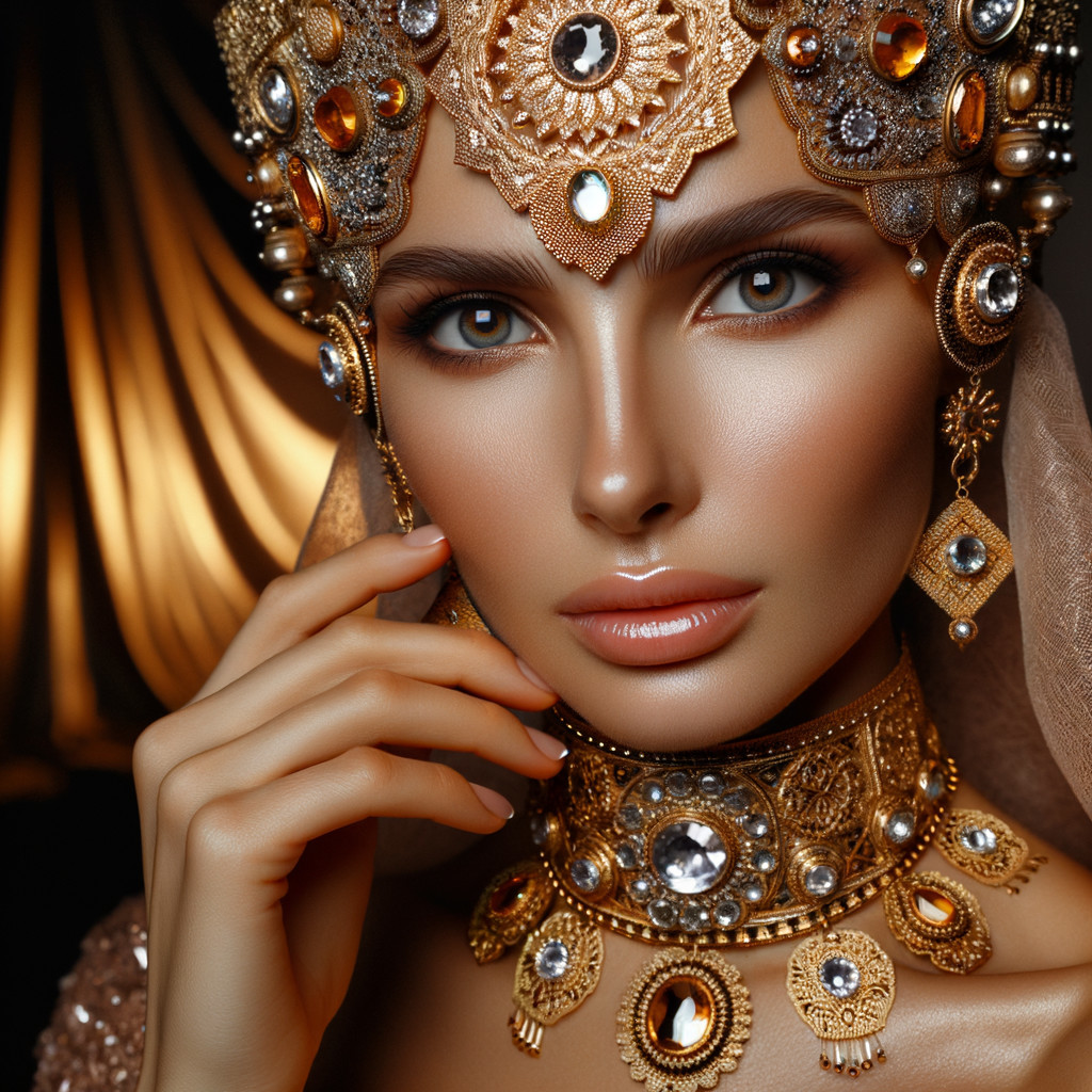 Portrait of a woman in golden jewelry and elegance