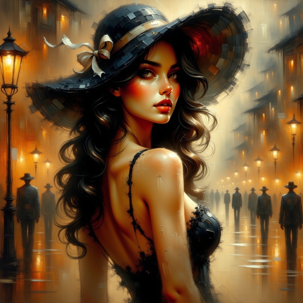 Misty Street Scene Featuring a Stylish Woman in Hat