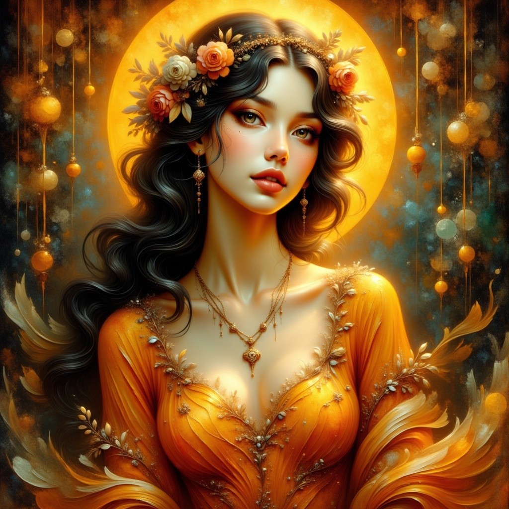 Elegant Woman with Floral Crown and Orange Dress