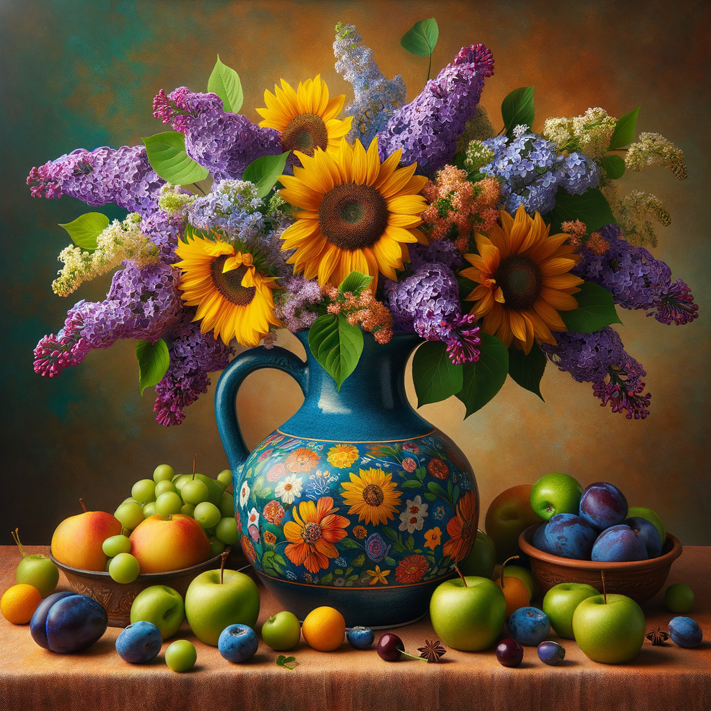 Vibrant Still Life with Blue Pitcher and Fresh Fruits