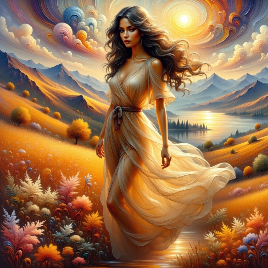 Serene Autumn Landscape with Woman in Ethereal Dress