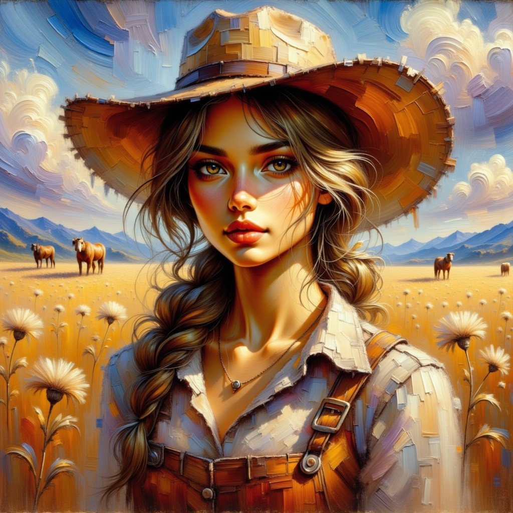 Young Woman in Field with Horses and Mountains