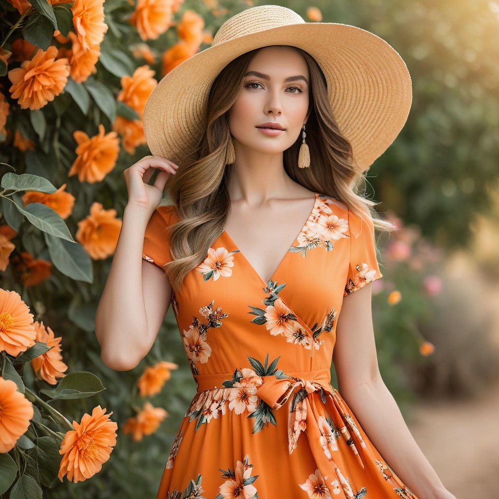 Young Woman in Elegant Orange Floral Dress and Hat