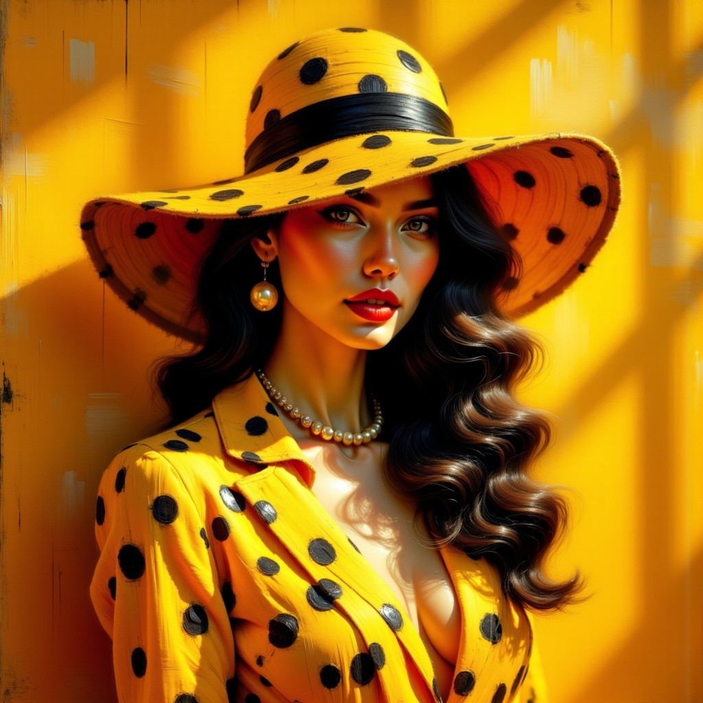 Elegant Woman in Yellow Polka Dot Outfit with Hat