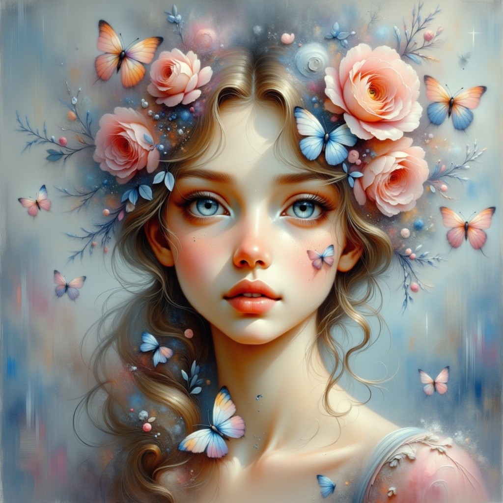 Portrait of a young woman with roses and butterflies