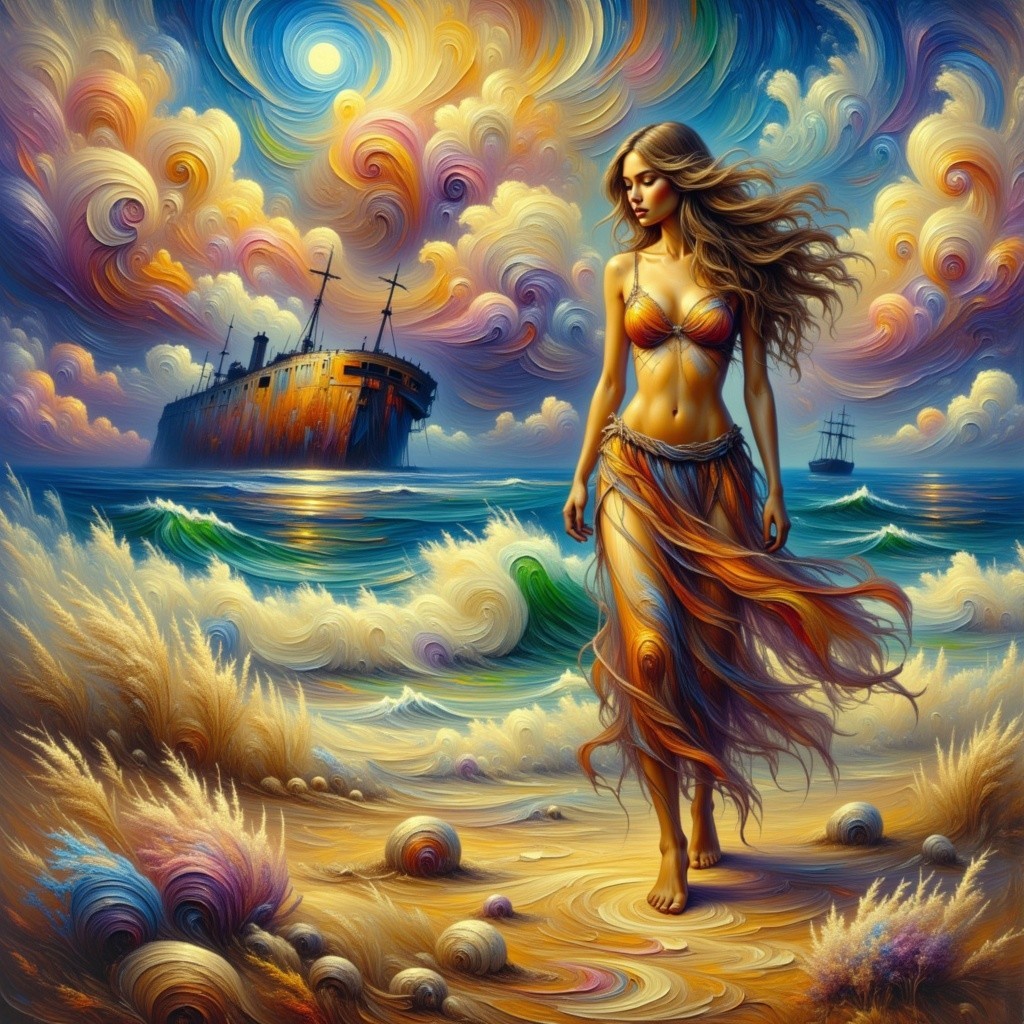 Woman Walking on Beach with Shipwreck and Sunset Sky