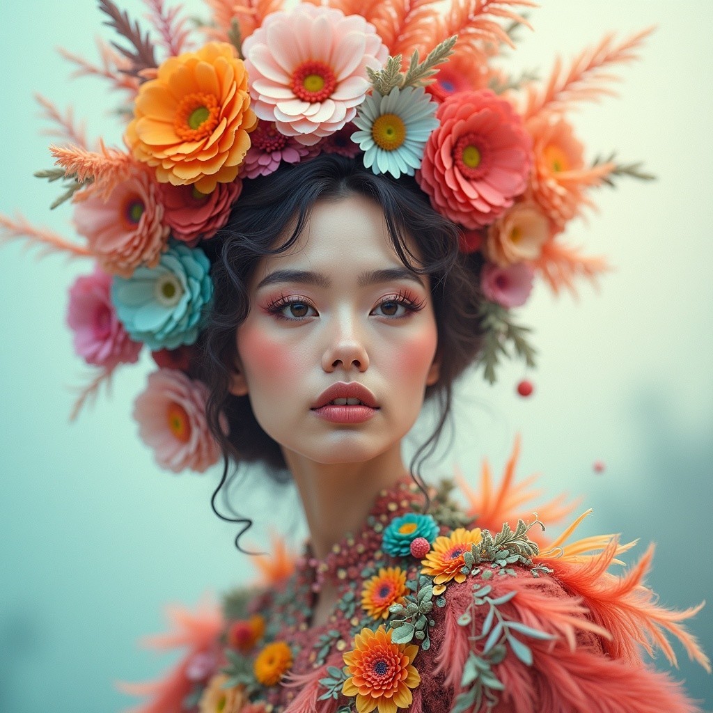 Elegant woman in floral headdress and intricate outfit