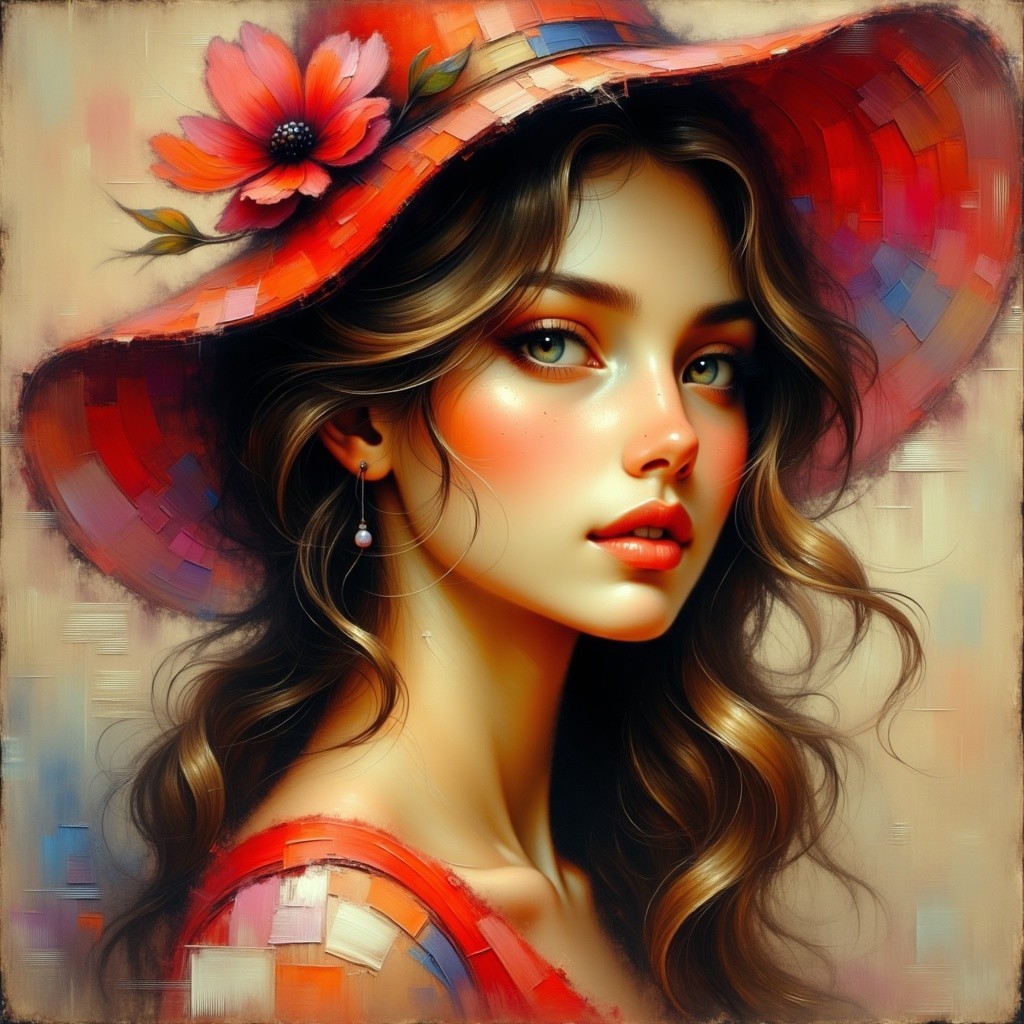 Portrait of a Young Woman with Wavy Hair and Hat