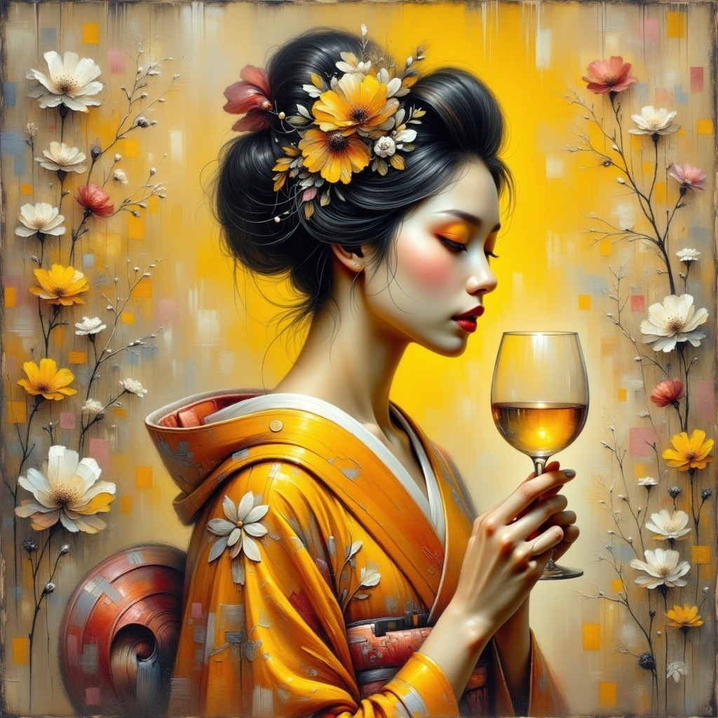 Serene Woman in Traditional Japanese Attire with Flowers