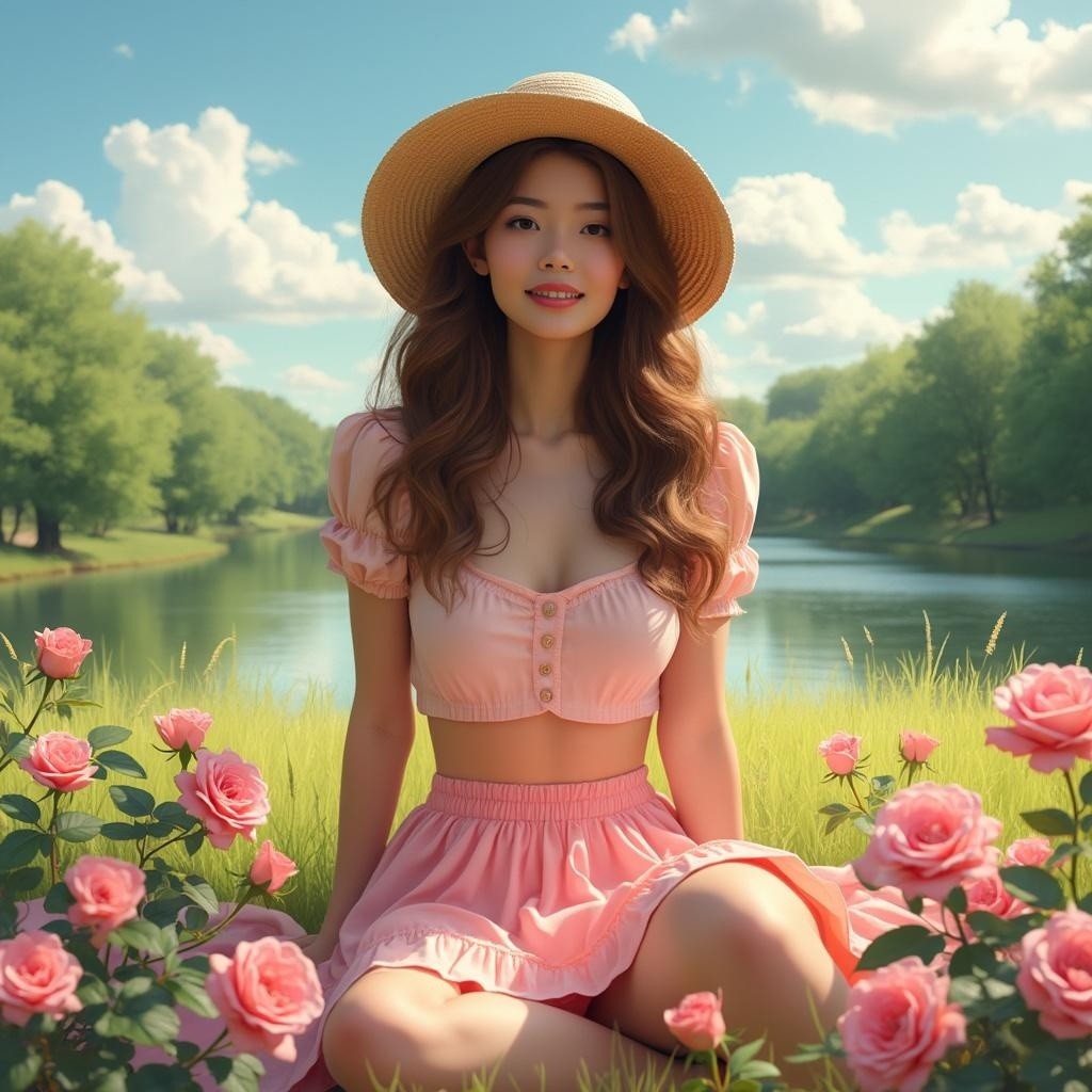Young Woman by River Surrounded by Pink Roses