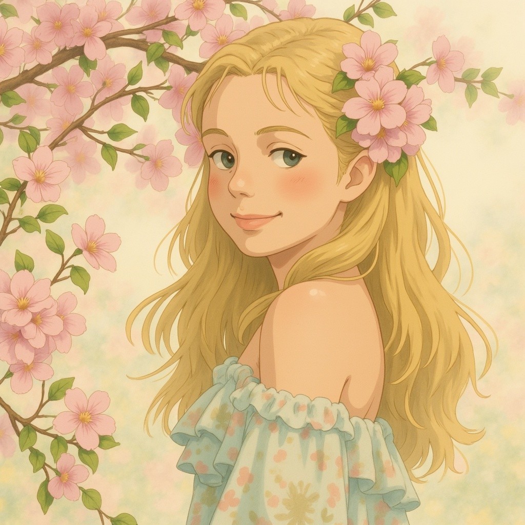 Young girl with blonde hair in a floral setting