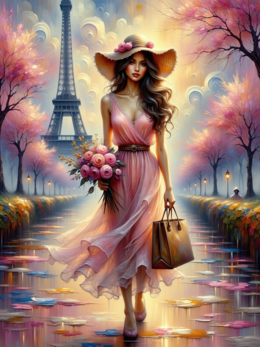 Woman in pink dress with roses near Eiffel Tower