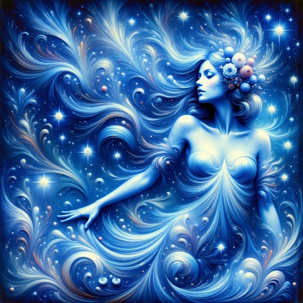 Ethereal Figure in Deep Blue Cosmic Background
