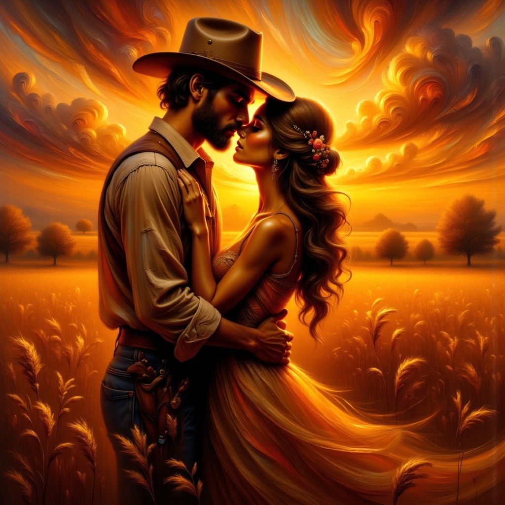 Cowboy and Woman Embrace in Golden Sunset Field
