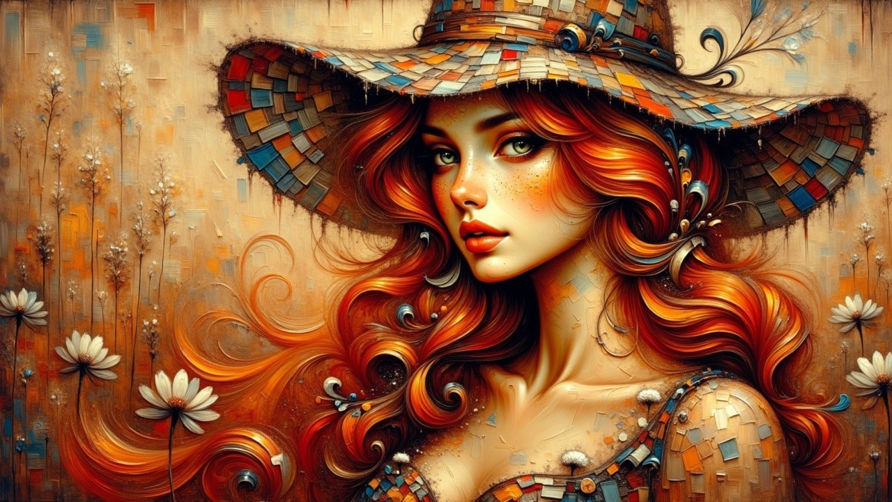 Woman with Red Hair and Mosaic Patterns in Floral Setting