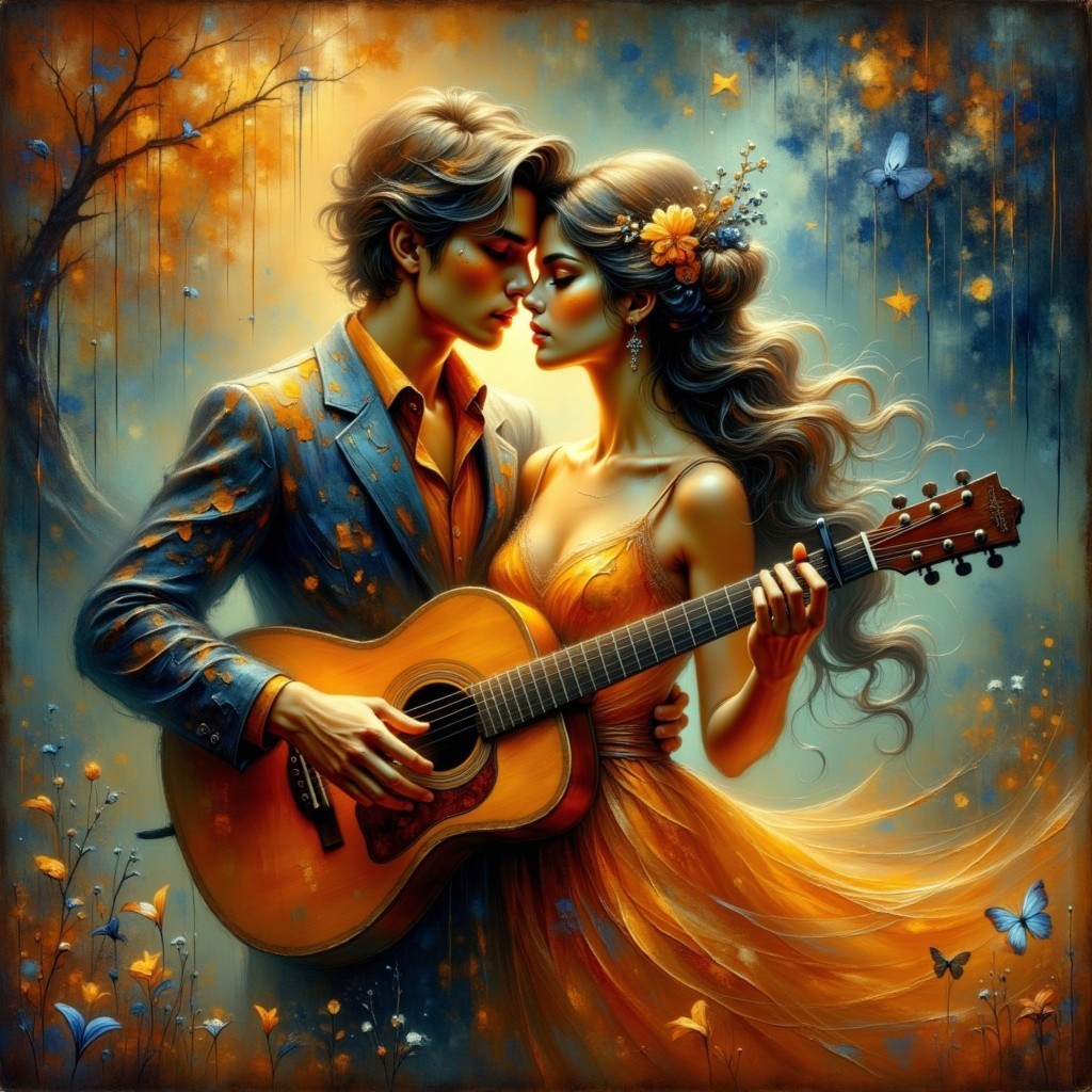 Romantic Couple Under Warm Hues with Guitar and Flowers