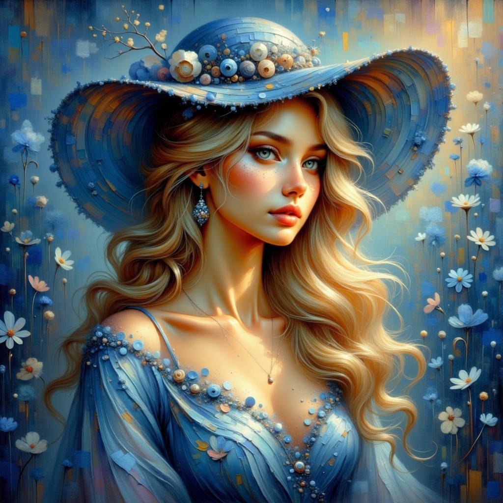 Portrait of a Woman in Blue Dress and Floral Hat
