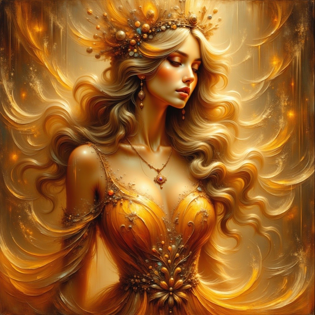 Fantasy Portrait of a Woman with Golden Hair and Dress