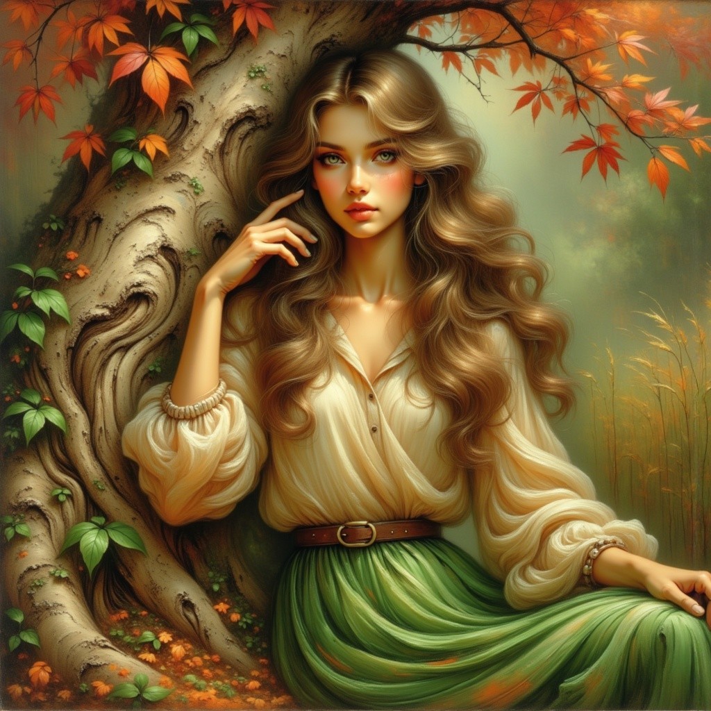 Young Woman by Ancient Tree in Autumn Setting
