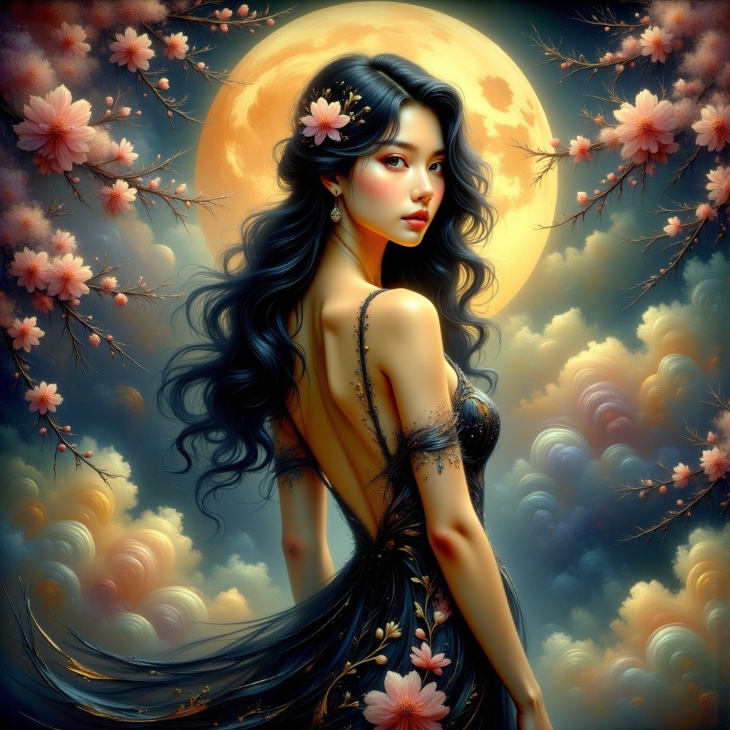 Elegant woman in black gown with moonlit backdrop