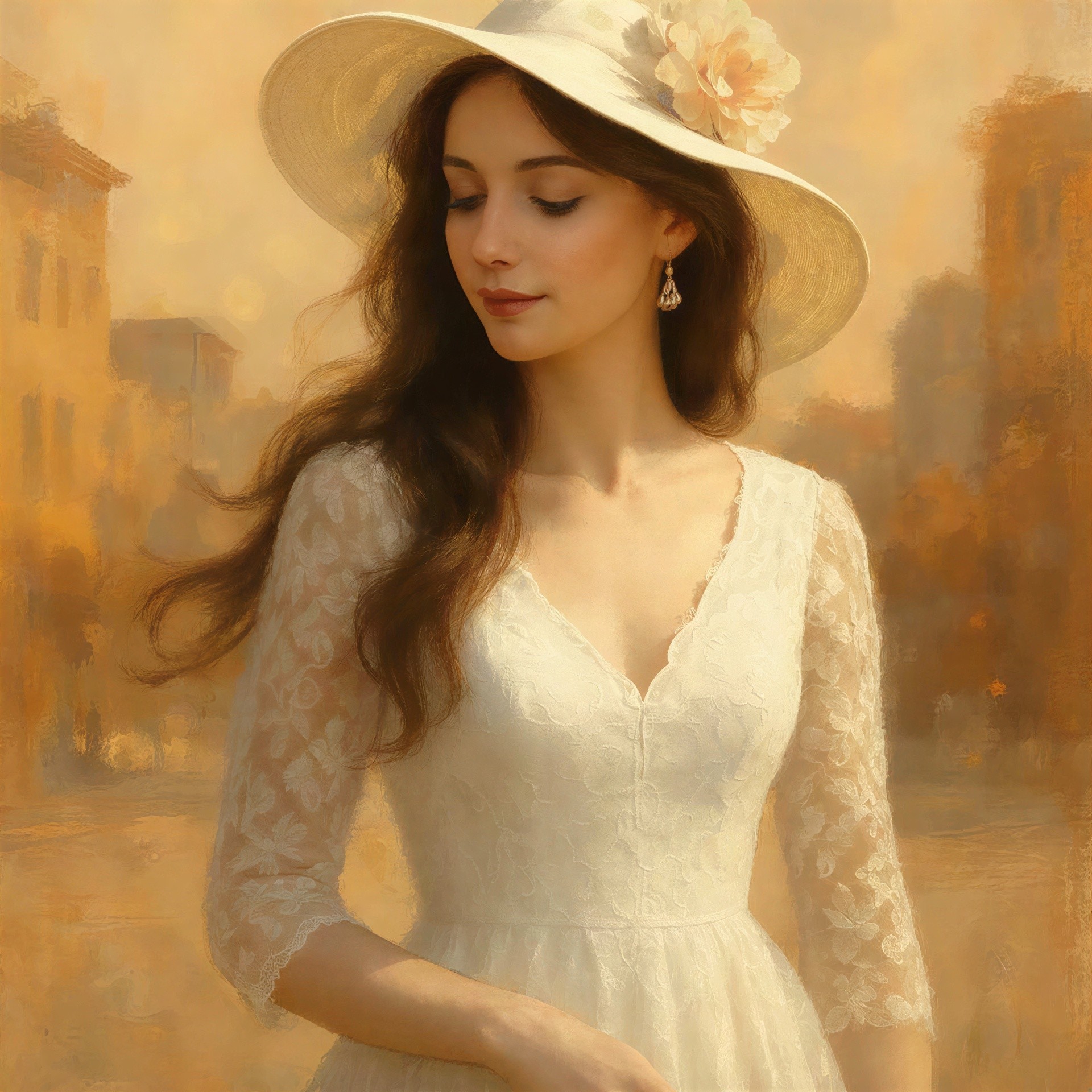 Half Body Portrait of a Young Woman in White Dress