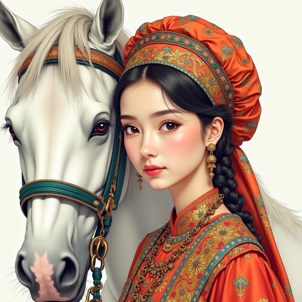 Young Woman in Traditional Attire with White Horse