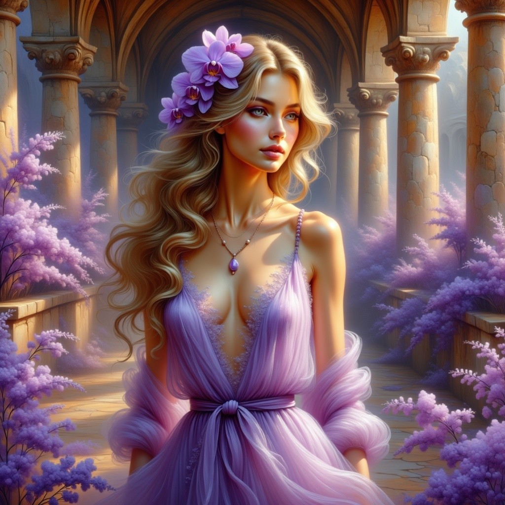 Woman in Lavender Dress in Enchanted Garden Setting