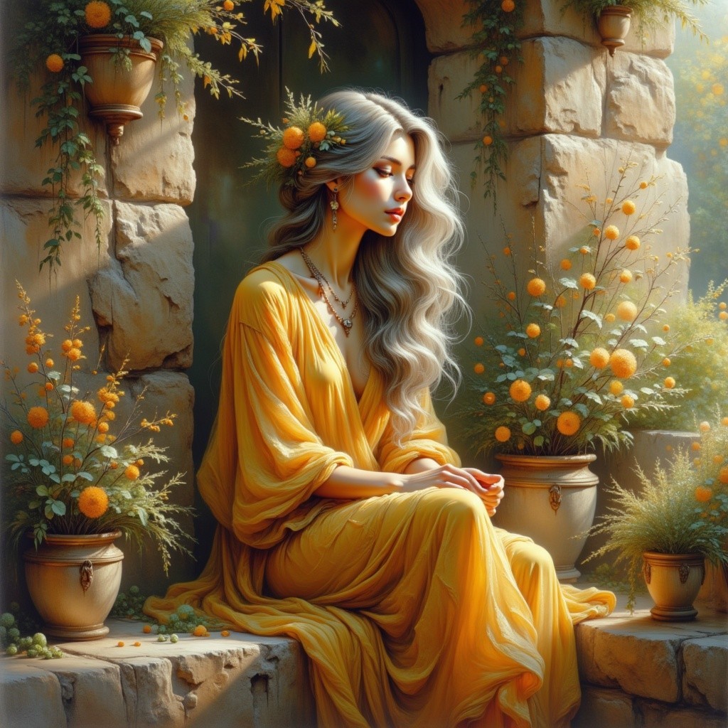 Serene Woman in Yellow Gown by Stone Archway