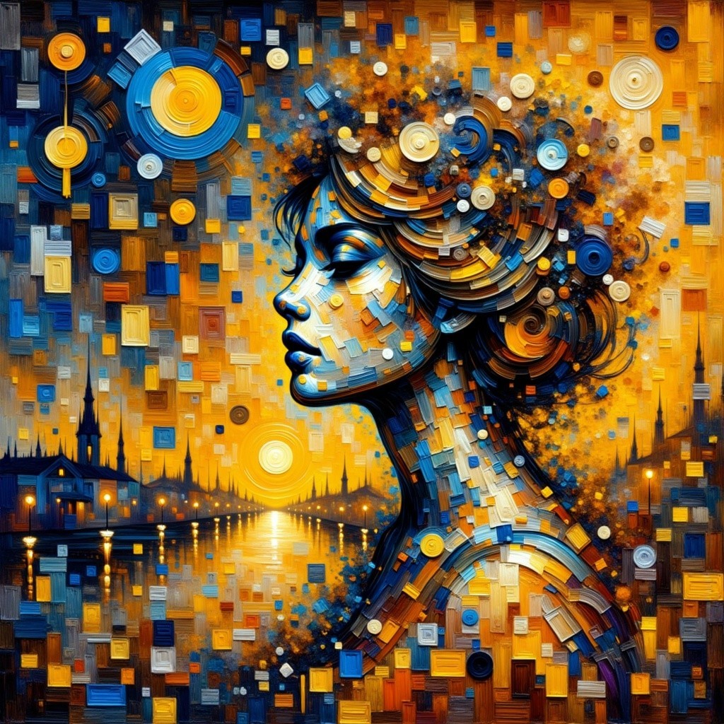 Abstract Woman's Profile with Vibrant Colors and Sunset