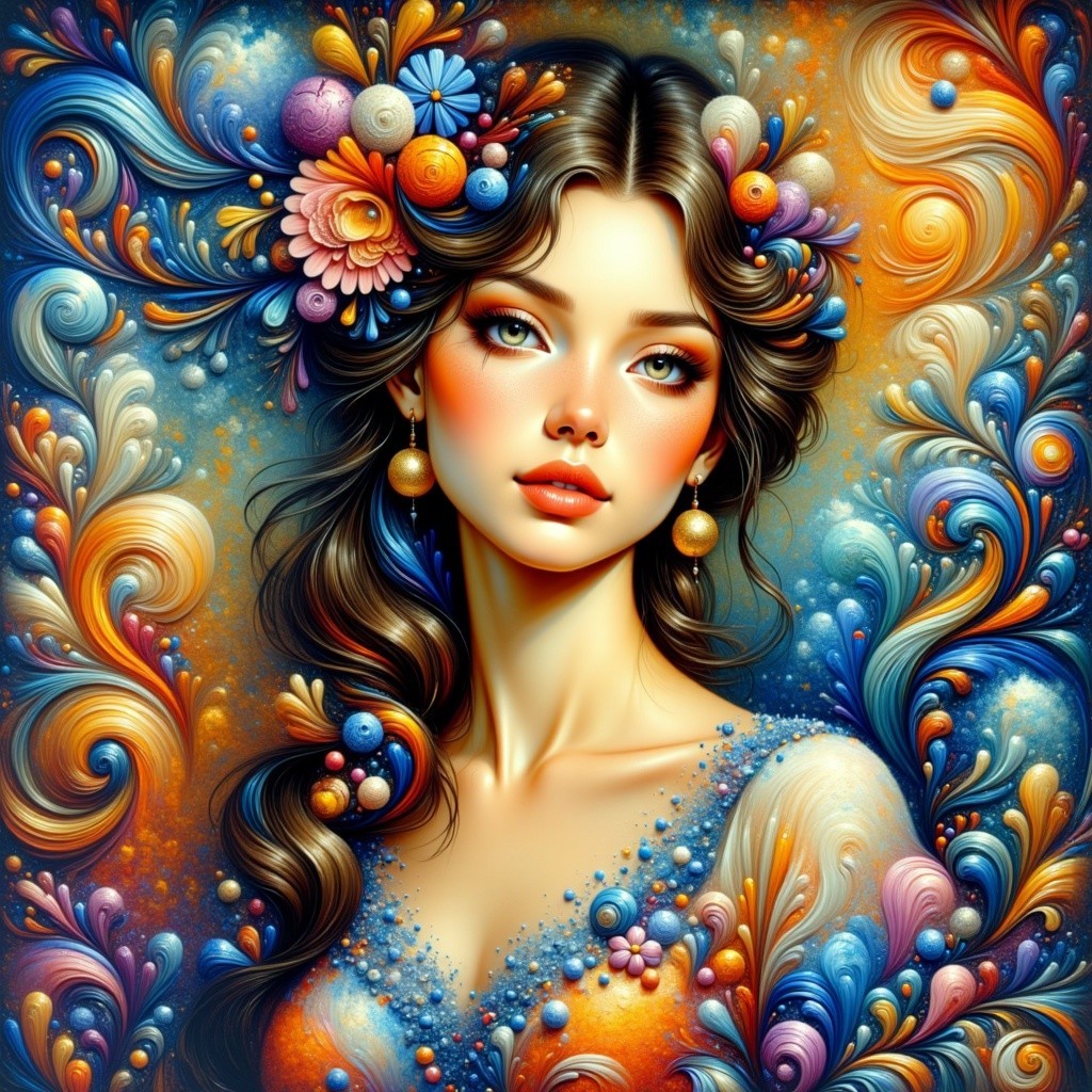 Portrait of a Young Woman with Flowers and Patterns