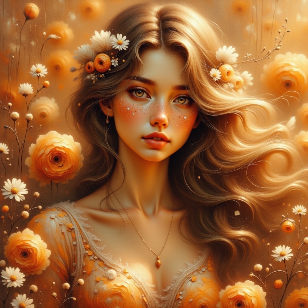 Portrait of a Young Woman with Golden Hair and Flowers