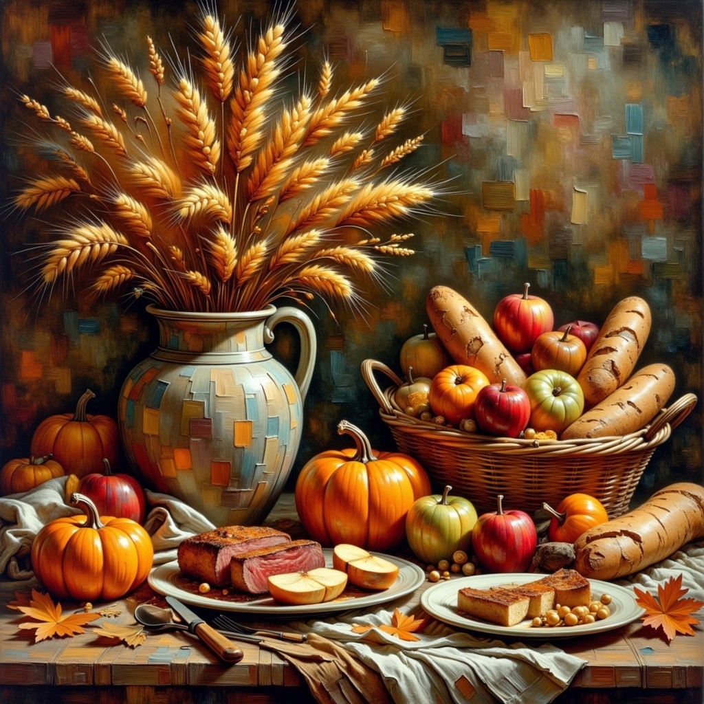 Autumn Table Setting with Wheat, Pumpkins, and Apples